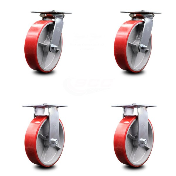 8 Inch Poly on Cast Iron Caster Set with Ball Bearing 2 Swivel Lock 2 Rigid SCC